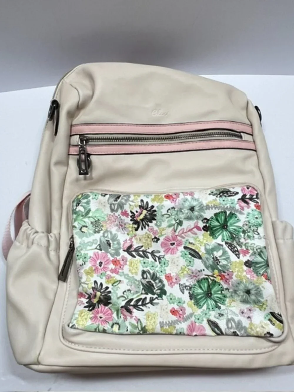 Cluci Cream/Pink w/Floral Front-Pocket Vegan Leather Backpack EUC